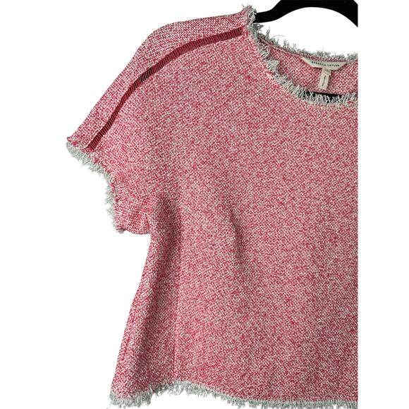Rebecca Taylor Pink Coral Tweed Short Sleeve Fringe Raw Hem Crop Blouse Size 2 - Picture 2 of 7